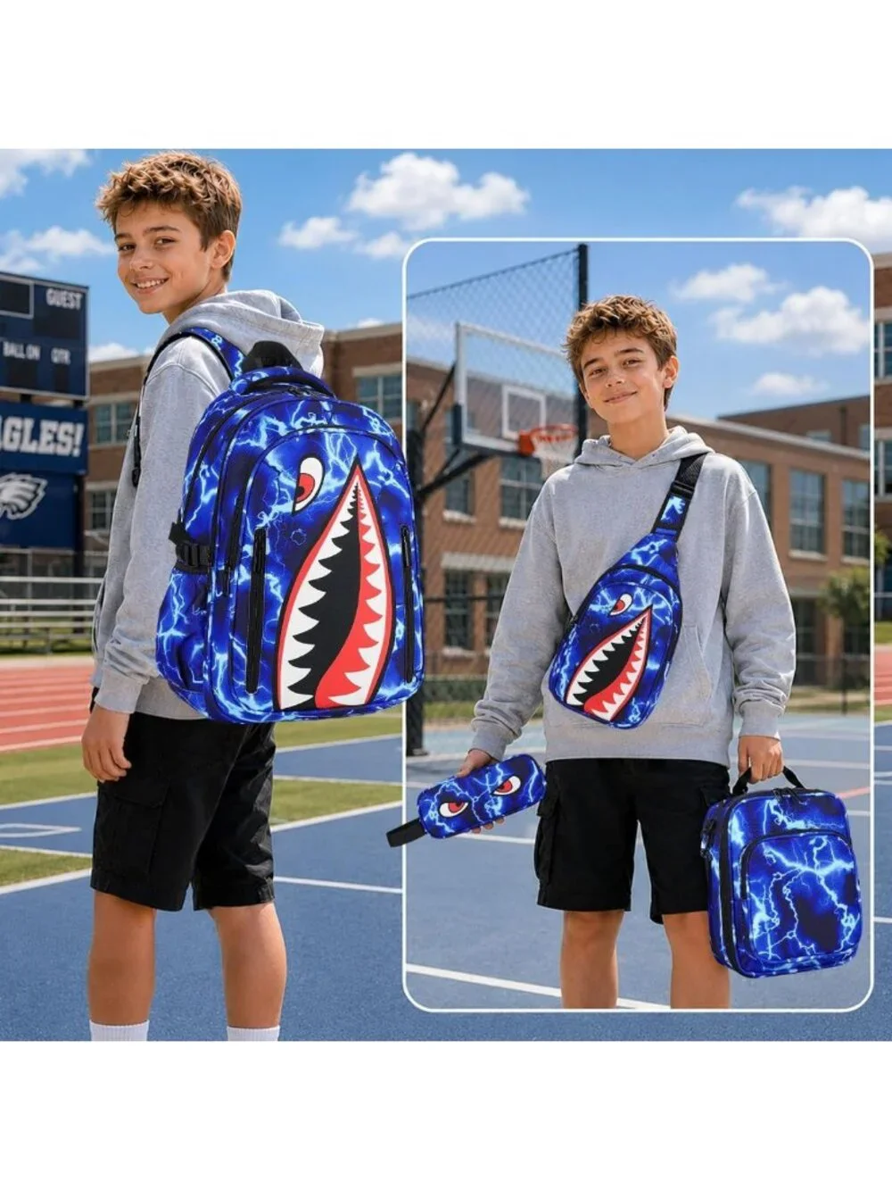 Cool Luminous Shark Backpack Set for Boys with Lunch Box - 4PCS Stylish School
